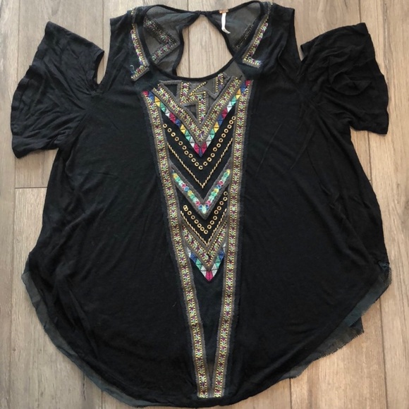 Free People Gypsy Boho Spell Embroidered Cold Shoulder Top; - Picture 2 of 4